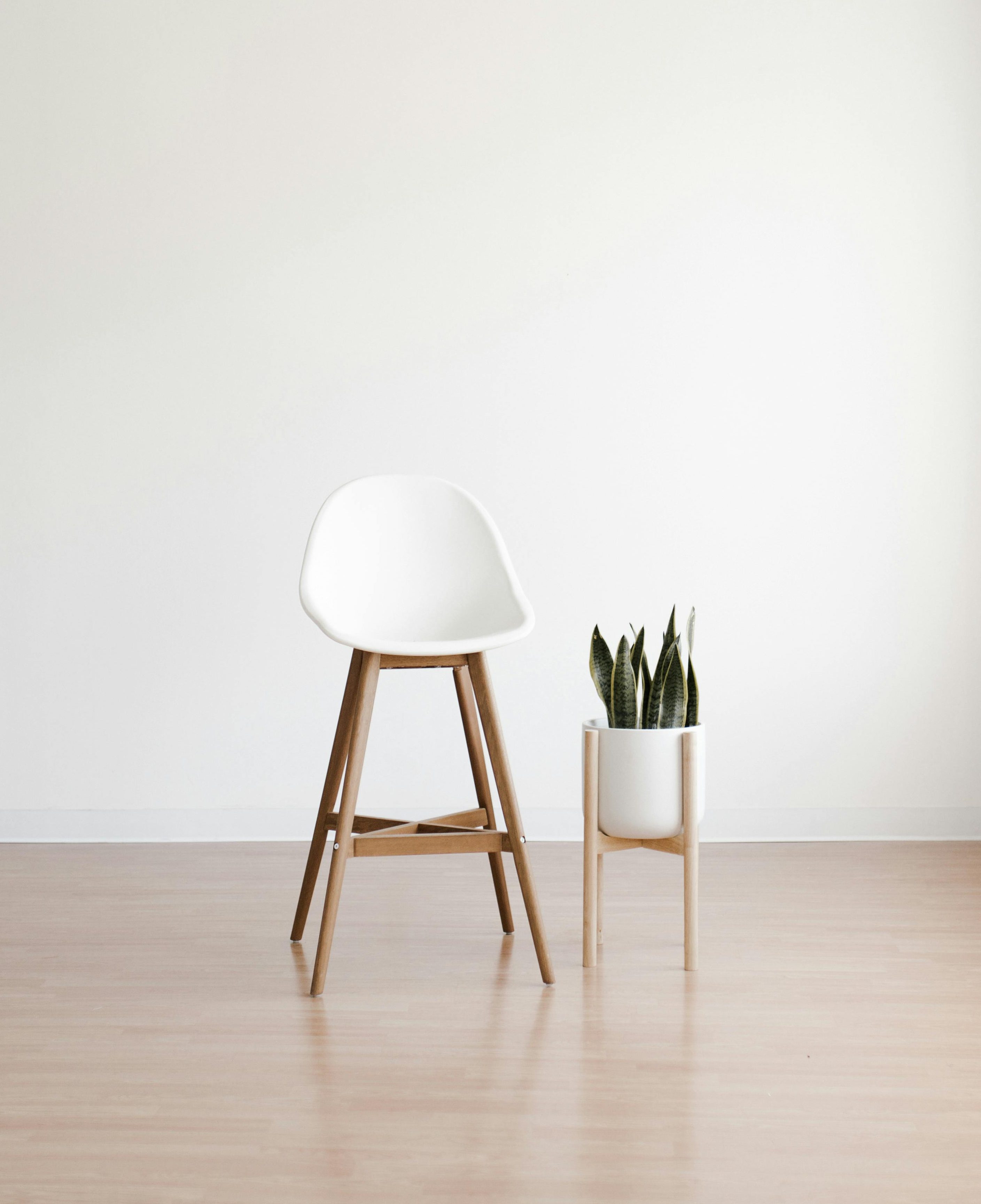 Modern apartment suite with a white chair and a potted plant, providing a minimalistic and serene ambiance