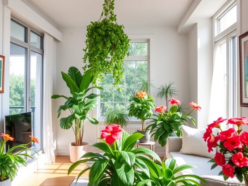 Image of an apartment with a hanging plant in the center and every corner of the living area