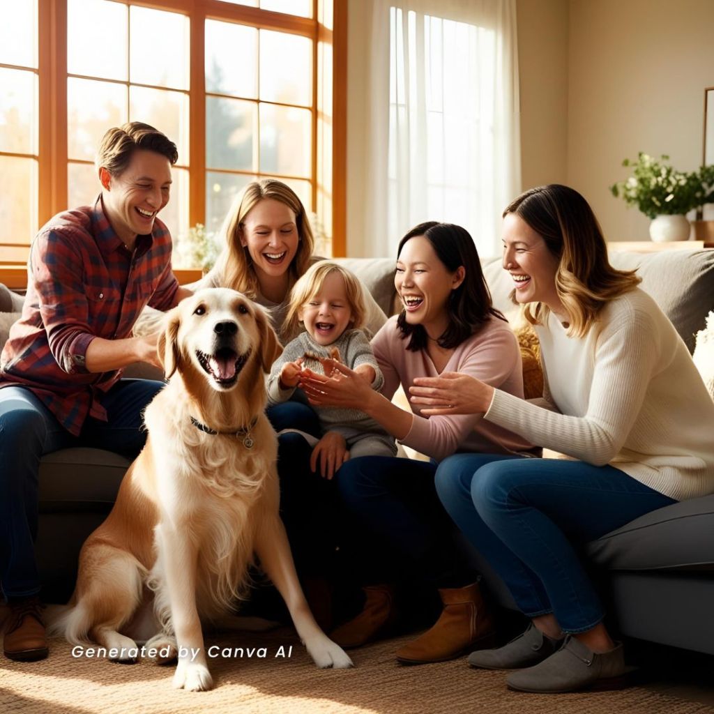 Happy family with a child and dog relaxing on the couch in their spacious Toronto apartment living room.
