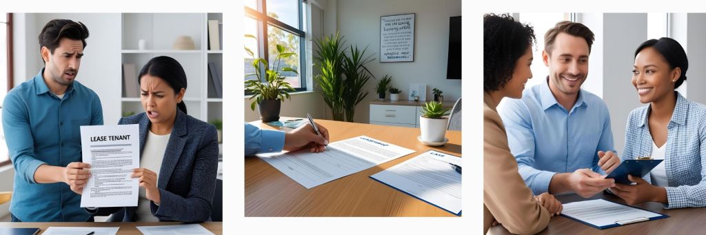Split image contrasting two rental scenarios: Left side depicts a stressed tenant with confusing lease terms and an unresponsive landlord; right side shows a positive interaction with a landlord transparently explaining lease terms, ensuring tenant satisfaction.