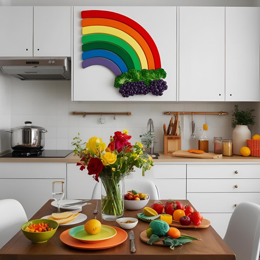 An artistic display in a kitchen cupboard with vegetables at the end of a rainbow art. The dining table in the foreground showcases a variety of colourful foods, reflecting the theme of eating a diverse and healthy diet.