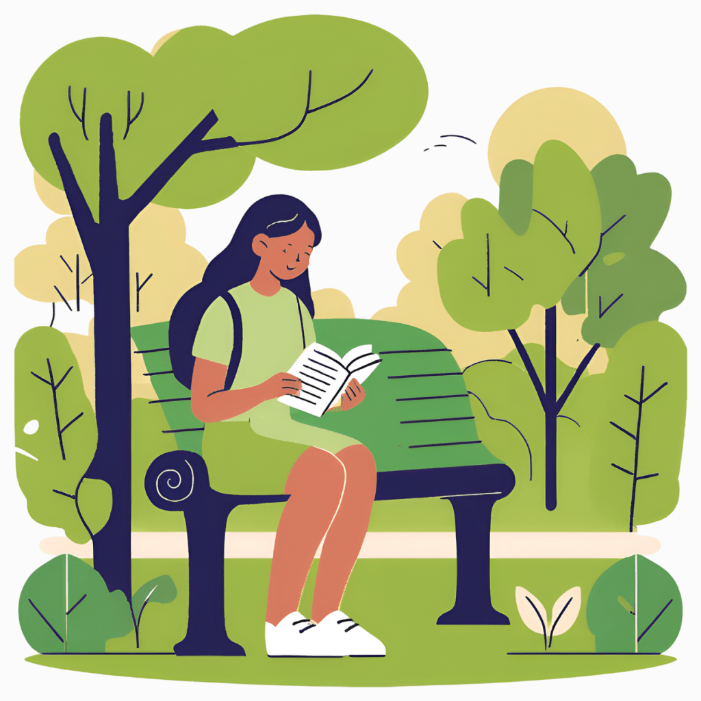 Animated image of a teenager reading a book and sitting on a bench in the park