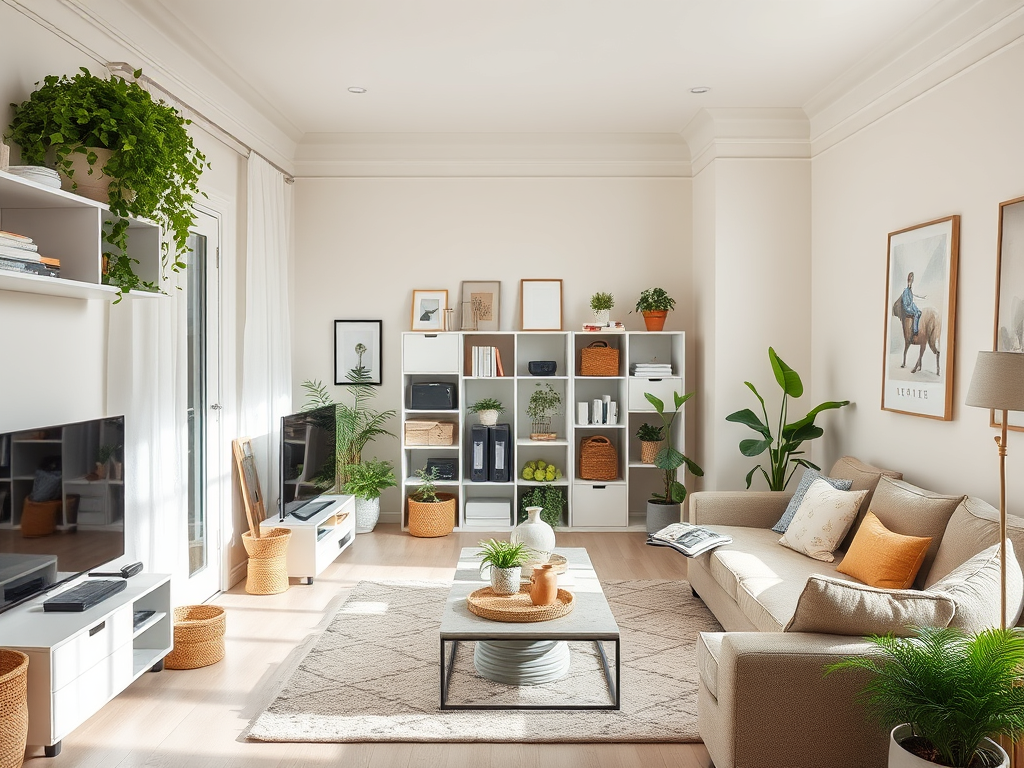 Image of an apartment living space with bright and organized vibe